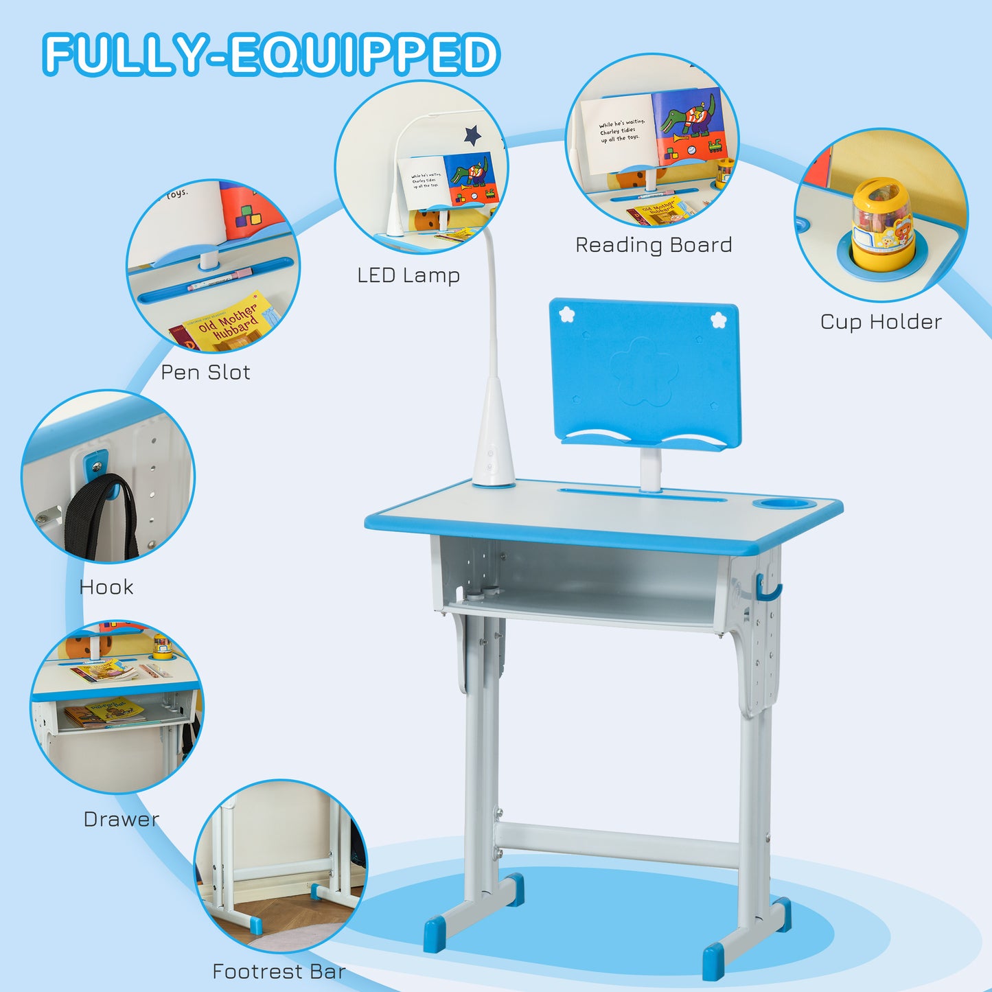 HOMCOM Kids Desk and Chair Set Adjustable Height Study Table Set with Drawer, Book Stand, Pen Slot - Blue
