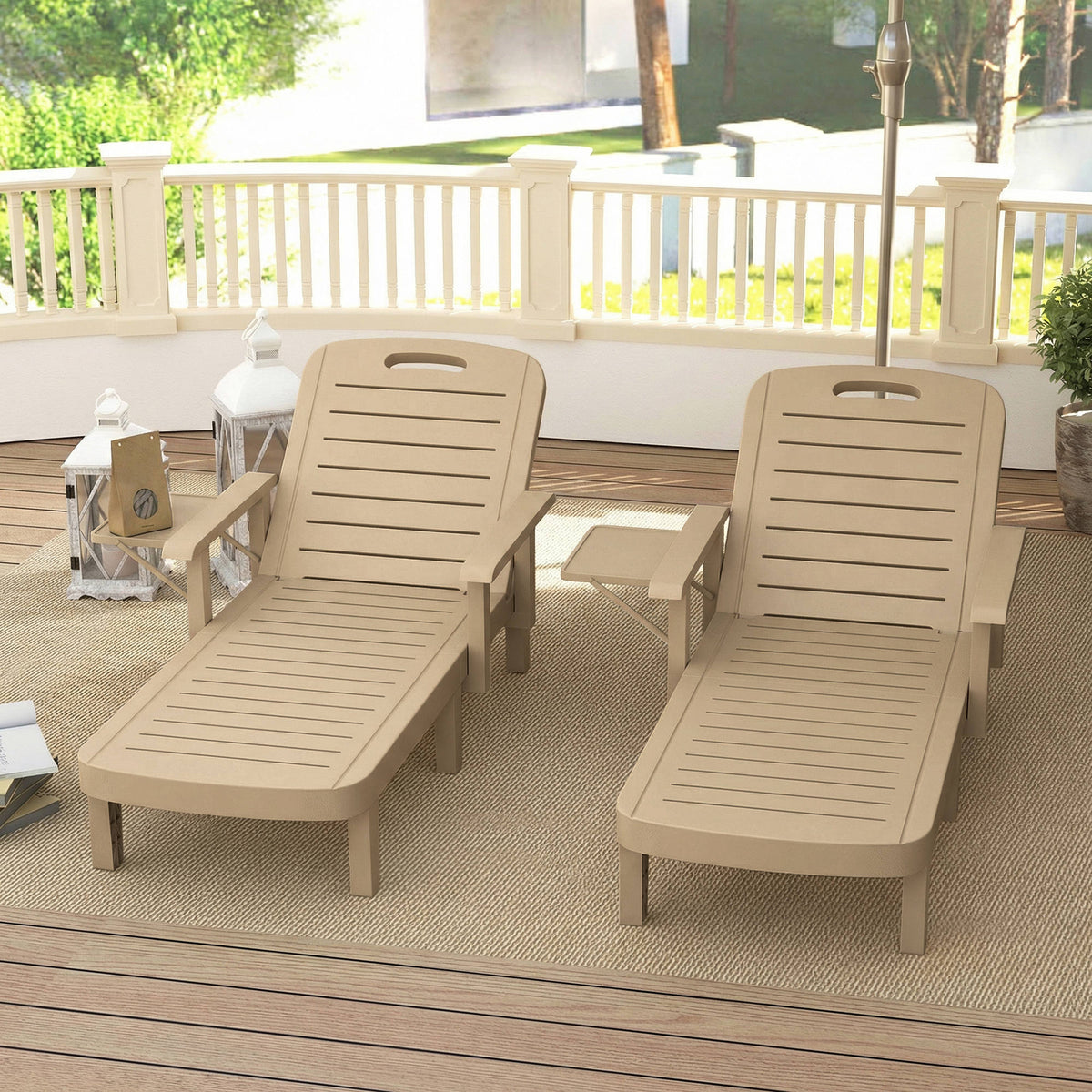 Outsunny Set of 2 Reclining Sun Loungers, 5 Positions Adjustable Outdoor Chaise Lounge Chair with Armrests, Khaki-Sunloungers-ChewyGames-ChewyGames