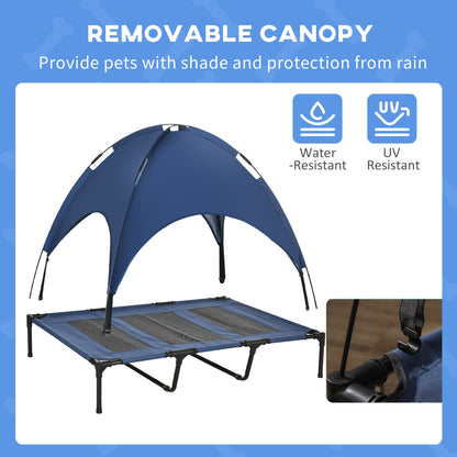 PawHut Outdoor Dog Bed with Removable Canopy, Portable Raised Dog Bed for Camping, Garden & Beach, Water-Resistant UV-Protection Mesh Pet Cot Sun Lounger, for XL Pets, 122 x 92 x 108 cm, Dark Blue
