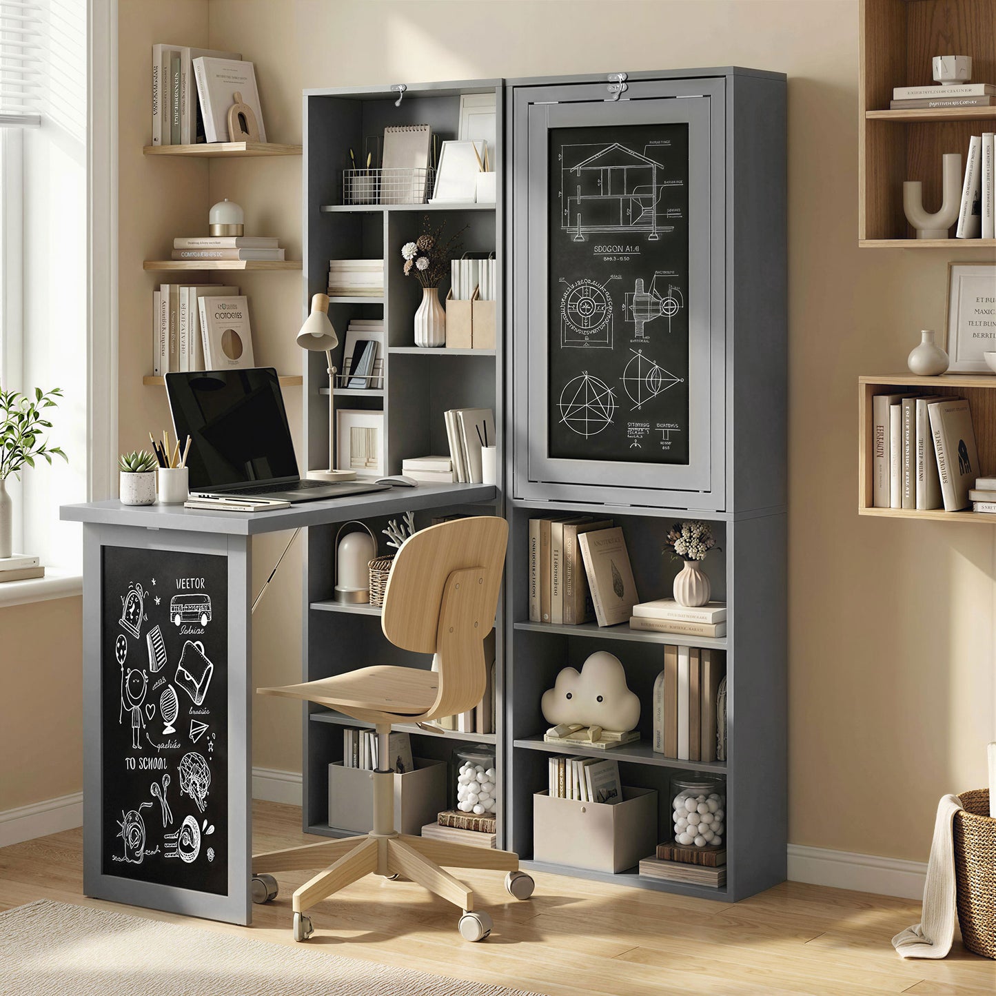 HOMCOM Folding Convertible Desk with Blackboard Multi-function Computer Office Workstation Side Shelf, Grey