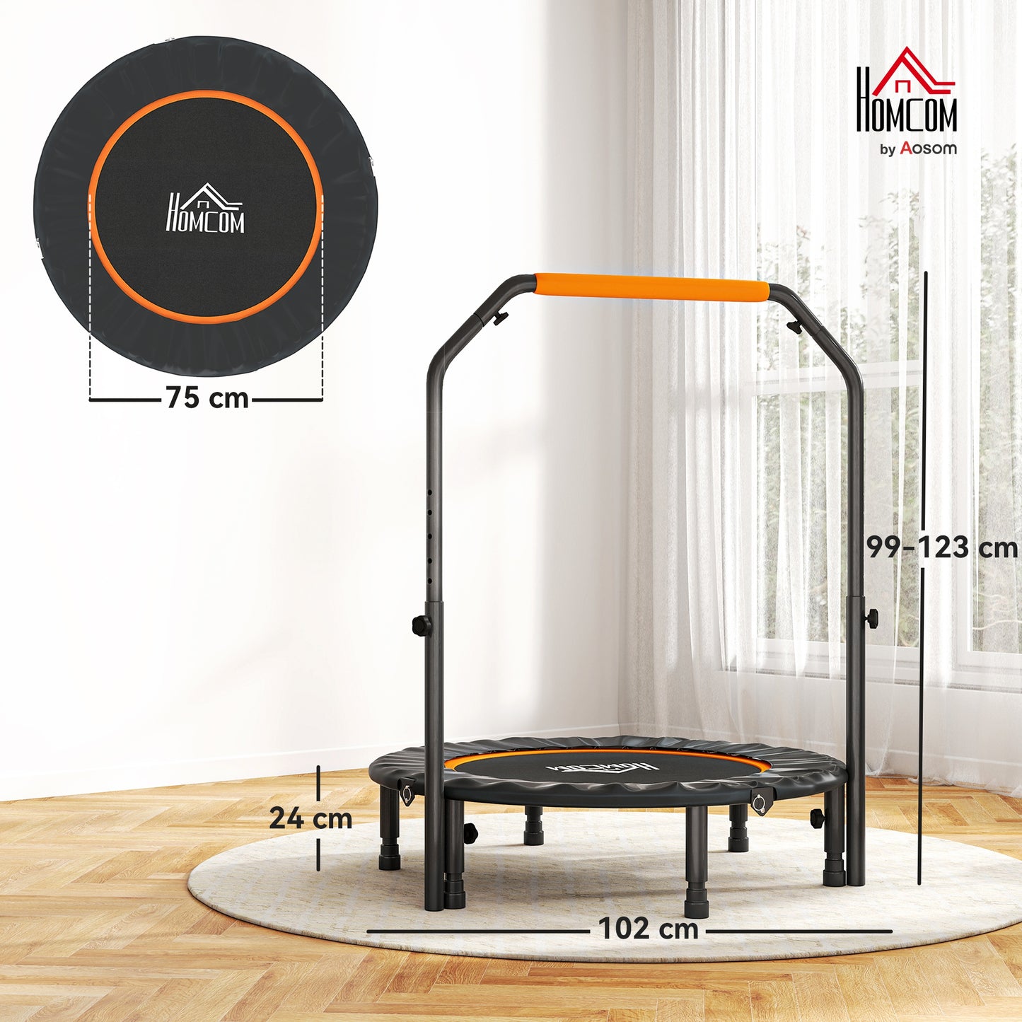 HOMCOM 40" Foldable Mini Fitness Trampoline, with Adjustable Foam Handle, Orange