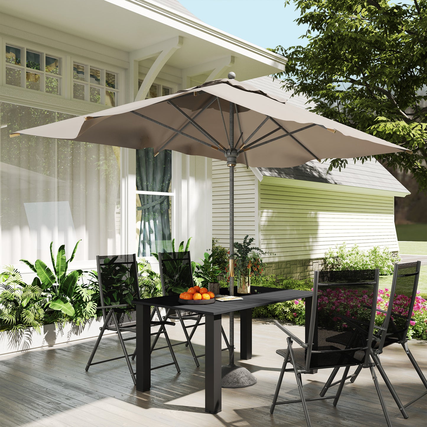 Outsunny Garden Dining Table for 6 with Parasol Hole, Rectangle Outdoor Garden Table with Slatted Metal Top, Steel Frame, Black
