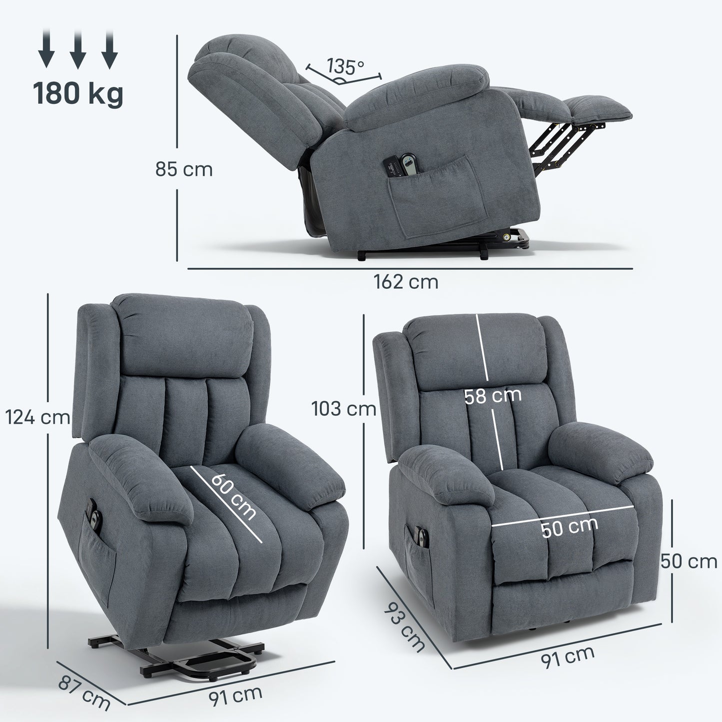 HOMCOM Power Lift Recliner Chair with Vibration Massage, Lift Chair for Elderly with Footrest, Remote, Side Pocket, Grey