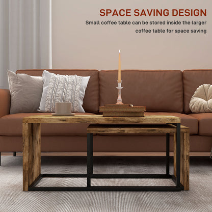 HOMCOM Nesting Coffee Table Set of 2, Industrial Stacking Side End Tables with Metal Frame for Living Room, Bedroom, Rustic Brown