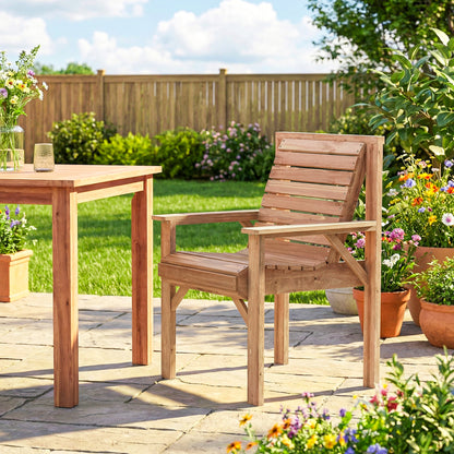Outsunny Wooden Garden Dining Chair, Outdoor Chair Garden Armchair with Curved Seat and Wide Armrests, Natural Wood Finish