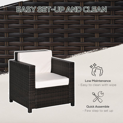 Outsunny Single Seater Rattan Chair, PE Wicker Garden Armchair with 10 cm Thickened Cushion, All-Weather Rattan Garden Chair with Armrests, Brown