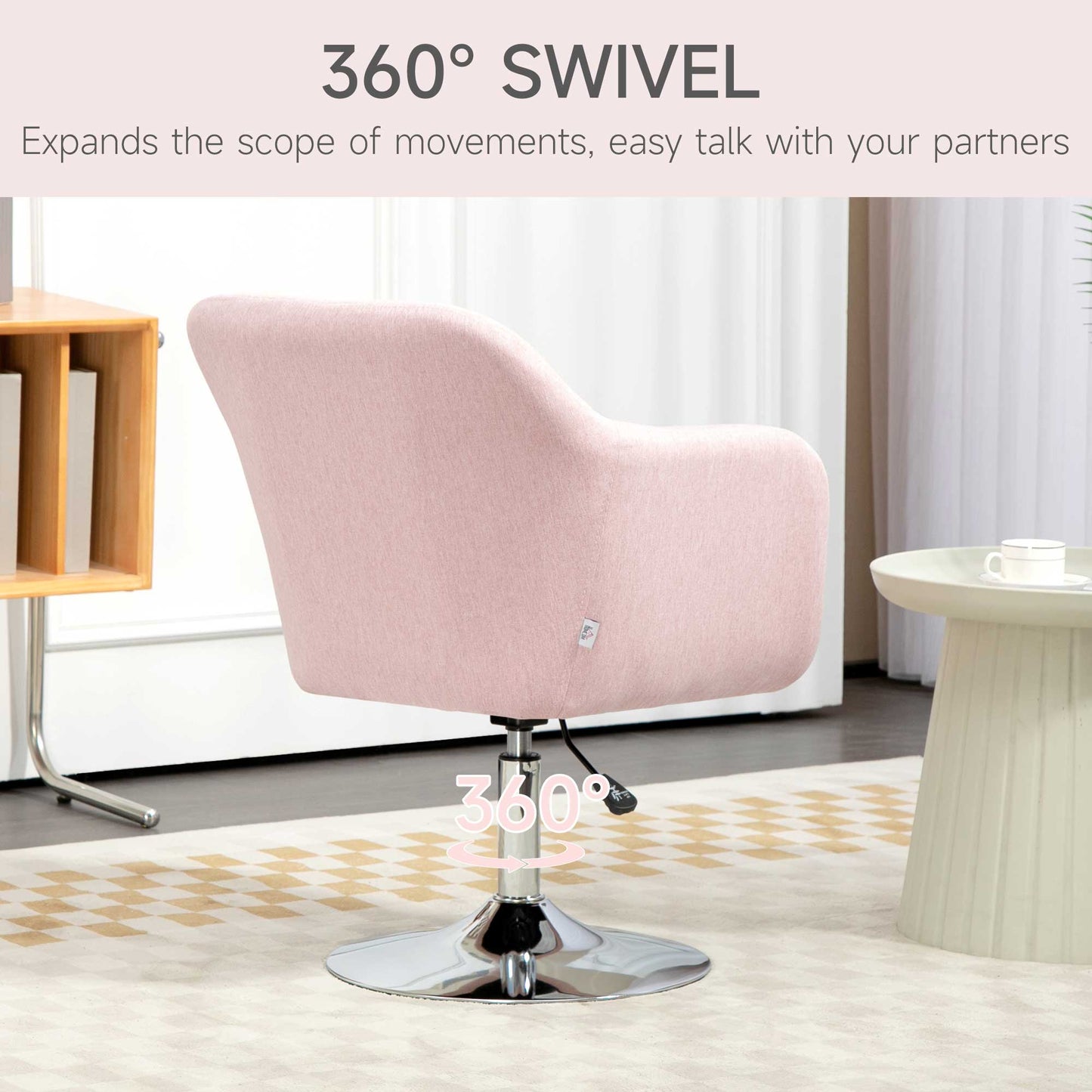 HOMCOM Swivel Accent Chair, Linen Fabric Tub Vanity Chair, Modern Armchair with Adjustable Height and Lumbar Support for Living Room Bedroom Salon Make up Room Dressing Table, Pink