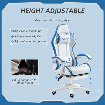 Vinsetto Computer Gaming Chair, PU Leather Office Desk Chair with Footrest, Swivel Wheels, 135° Reclining Back, Lumbar Support, Headrest for Home, White and Blue