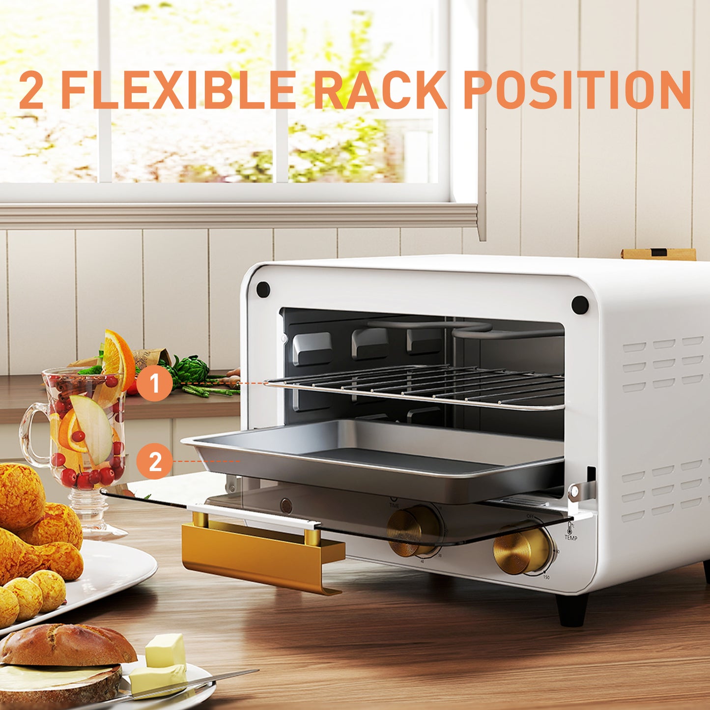 HOMCOM Small Toaster Oven, 12L Multifunction Mini Countertop Oven with Glass Door, Adjustable Temperature and Timer, White