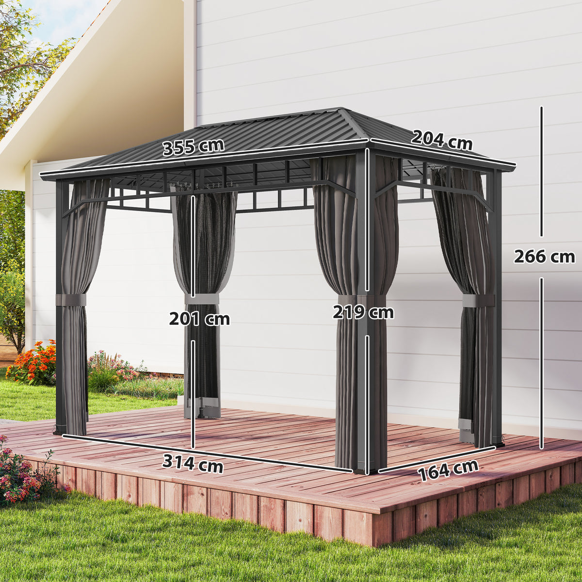 Outsunny 2 x 3.5 m Hardtop Gazebo with Galvanised Steel Roof, Waterproof Permanent Pavilion Garden Gazebo with Netting and Curtains for Patio, Deck, Dark Grey-Gazebos-ChewyGames-ChewyGames