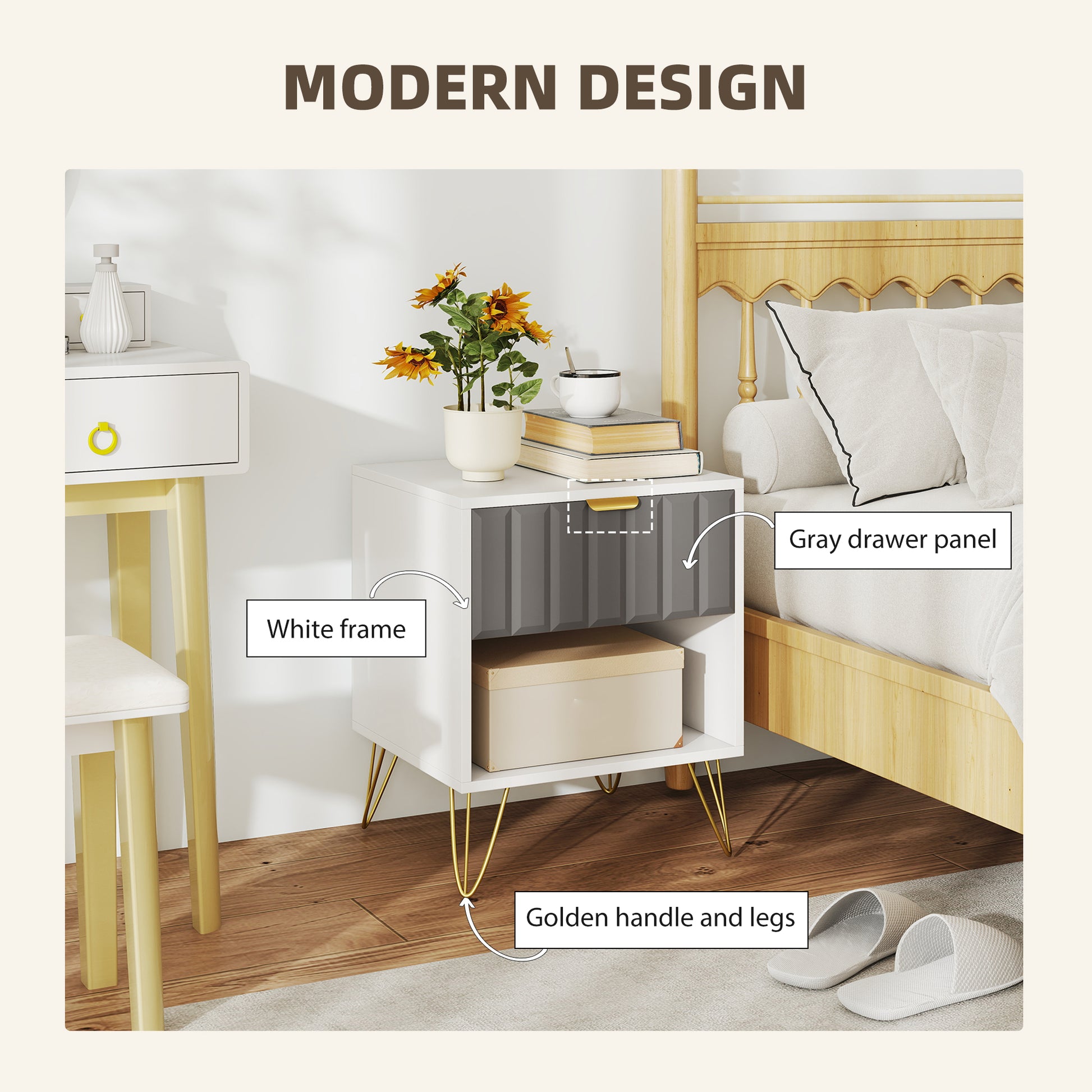 HOMCOM Bedside Table Modern Bedside Cabinet with Drawer and Open Compartment, 45 x 40 x 55, White--ChewyGames-ChewyGames