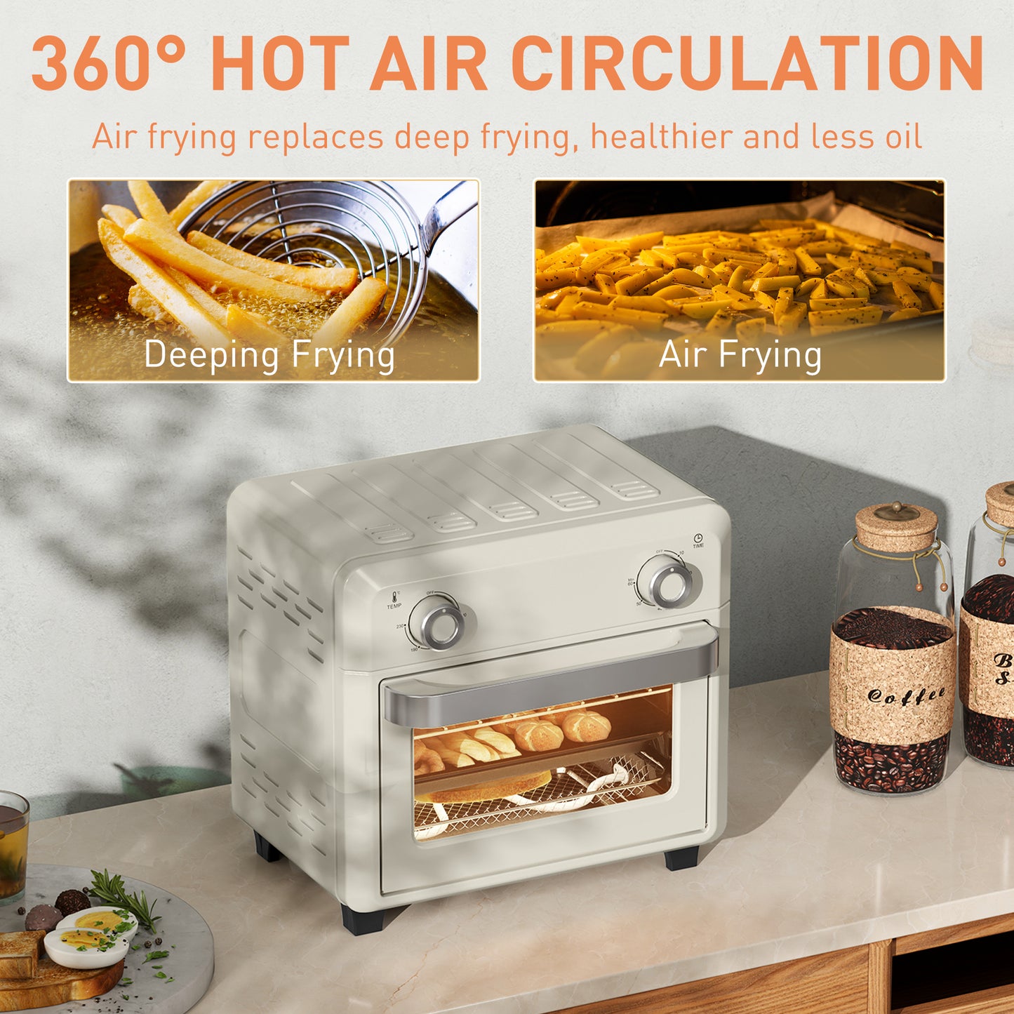 HOMCOM 10L Air Fryer Oven, Mini Oven, Oil Free Cooking, Grill, Roast, Bake, with Adjustable Temperature, Timer, Dishwasher Safe, 1000W, Cream White