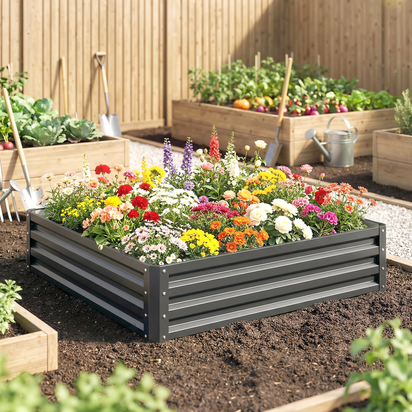 Outsunny 432L Square Raised Garden Bed Box Steel Frame for Vegetables, Flowers and Herbs, 120 x 120 x 30cm, Light Grey--ChewyGames-ChewyGames