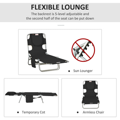 Outsunny Foldable Sun Lounger, Beach Chaise Lounge with Reading Hole, Arm Slots, 5-Position Adjustable Backrest, Side Pocket, Pillow for Garden, Beach, Camping, Black