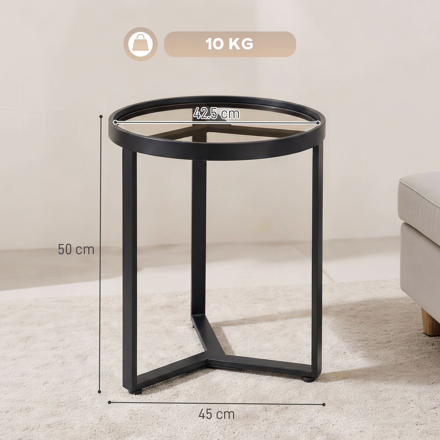 HOMCOM Round Side Table with Tempered Glass Top and Geometric Metal Frame for Small Space, Black