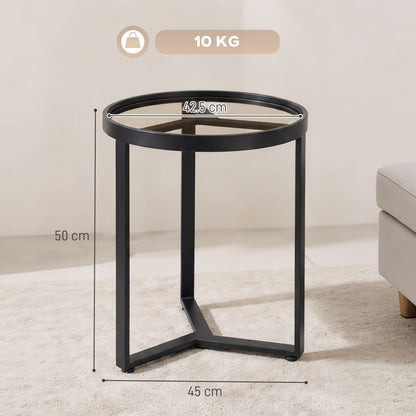 HOMCOM Round Side Table with Tempered Glass Top and Geometric Metal Frame for Small Space, Black