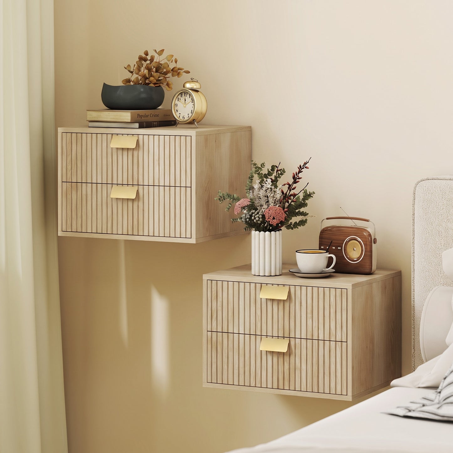 HOMCOM Modern Floating Nightstands Set of 2, Wall Mounted Bedside Tables with 2 Drawers, Oak