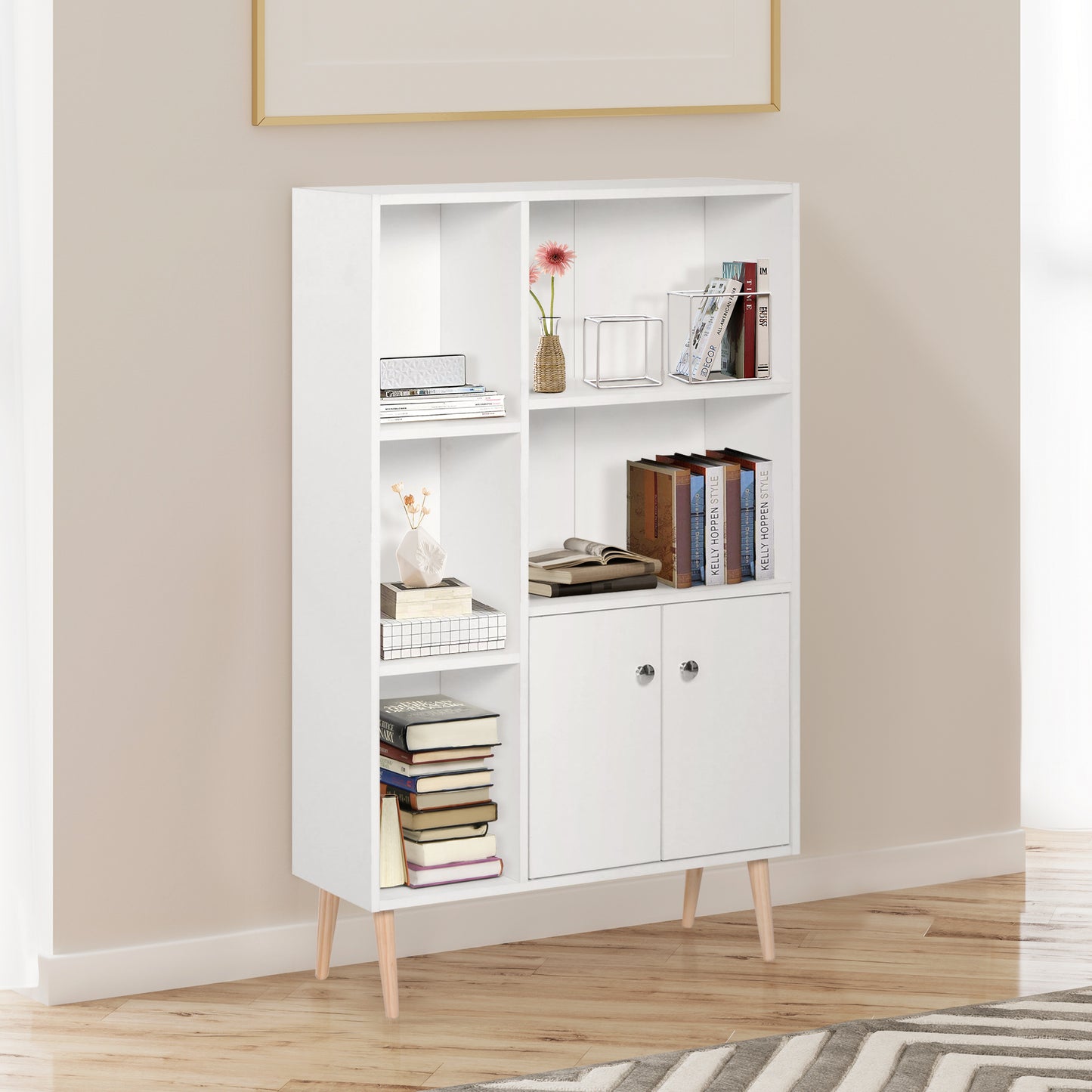 HOMCOM Sideboard Storage Cabinet Cupboard, Open Bookcase with 2 Doors 5 Compartments Wooden Modern Style for Living Room Bedroom Kitchen 80 x 23 x 123 cm, White--ChewyGames-ChewyGames