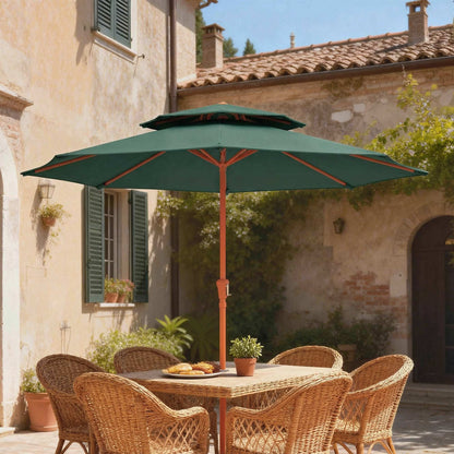 Outsunny 2.7 m Garden Parasol with Double Top Outdoor Market Table Umbrella with Crank System, Green