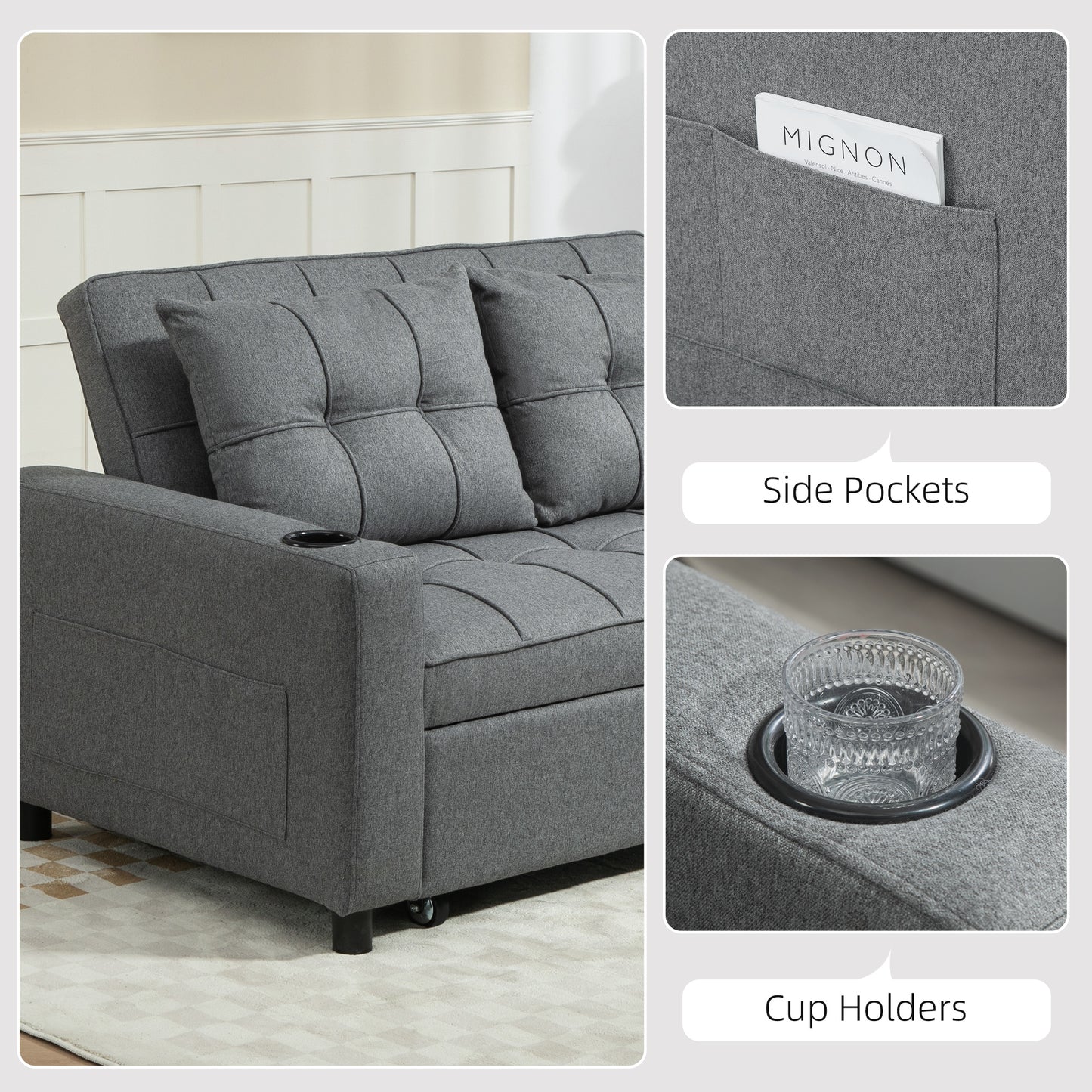 HOMCOM 2 Seater Sofa Bed Pull-Out Sofa Bed for Small Space - Charcoal Grey