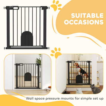 PawHut Dog Gate with Cat Flap Pet Safety Gate Barrier, Stair Pressure Fit, Auto Close, Double Locking, for Doorways, Hallways, 75-82 cm Black