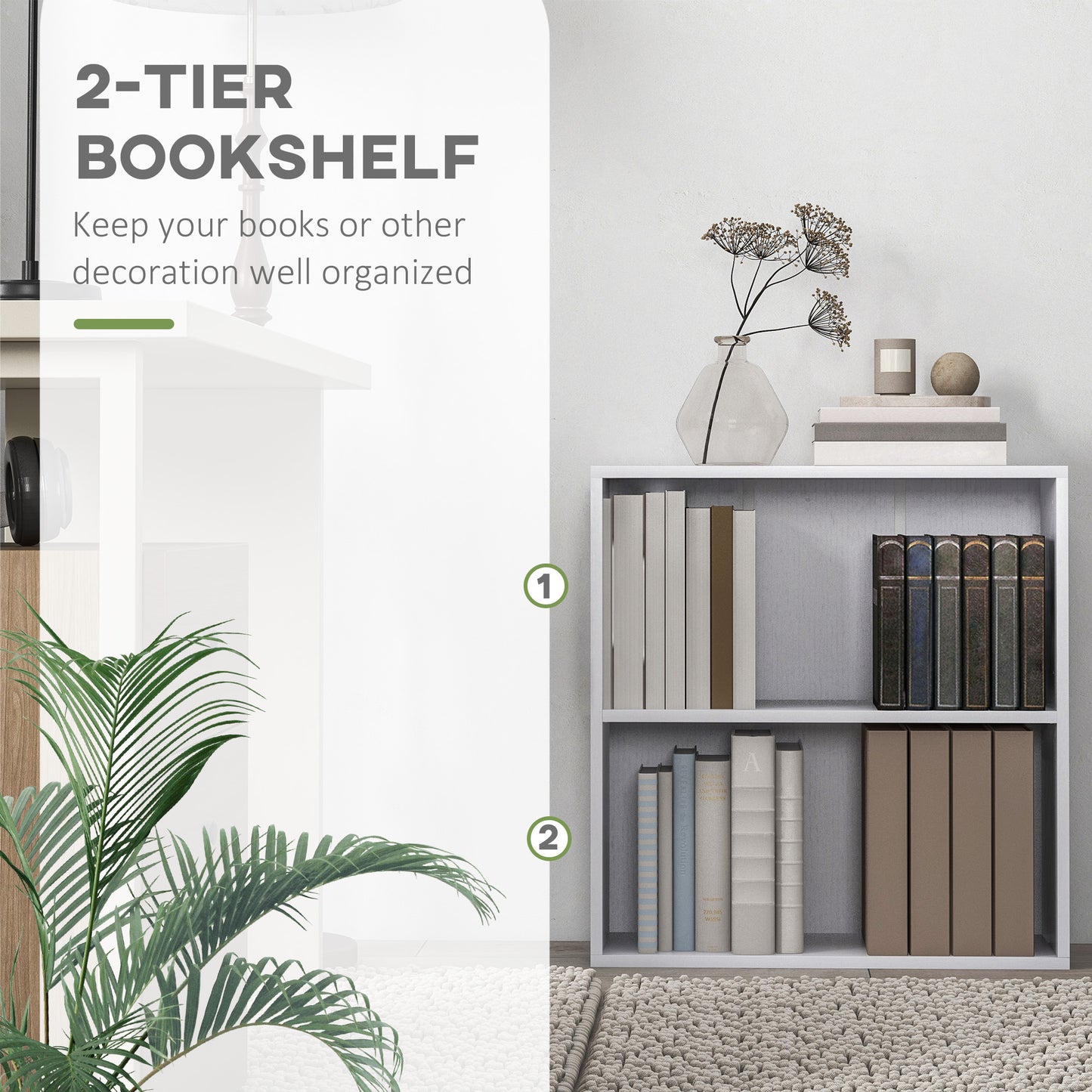 HOMCOM 2 Tier Bookshelf, Low Bookcase with Adjustable Shelf, 2 Compartments for Home Office, Living Room, Study, White-Rack Bookcases & Shelves-ChewyGames-ChewyGames