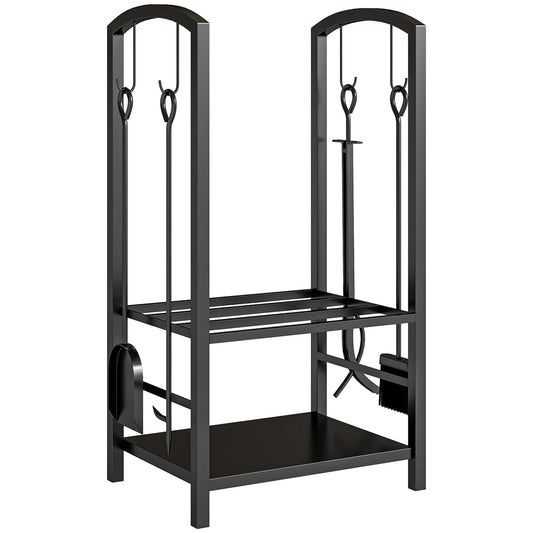 Outsunny Metal Firewood Log Holder 2 Layer Firewood Rack Indoor Outdoor Fireplace Wood Storage Shelf with 4 Tools and Hooks, Black, 40L x 30W x 74.5H cm