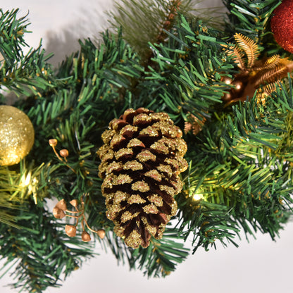 HOMCOM 60cm Pre-Lit Artificial Christmas Door Wreath Holly LED Decor Pine Cones Hanging Glittered Festival Indoor Decoration