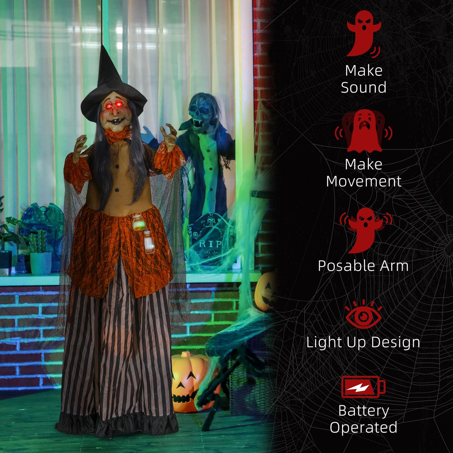 HOMCOM 183 cm Life Size Halloween Animated Standing Fat-Faced Witch with Red Light Up Eyes, Sound Activated Moving Arms & Head, Scary Witch Halloween Decorations, Battery Operated, Indoor Party Props