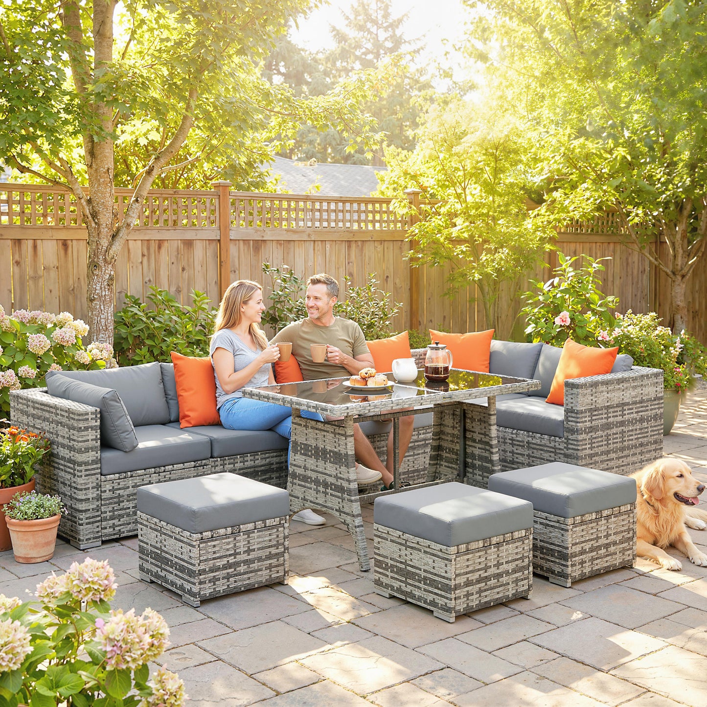 Outsunny 10 Piece Rattan Garden Furniture Set, 3 Corner Sofas with 3 Chairs, 3 Stools and Coffee Table, Outdoor Patio Furniture