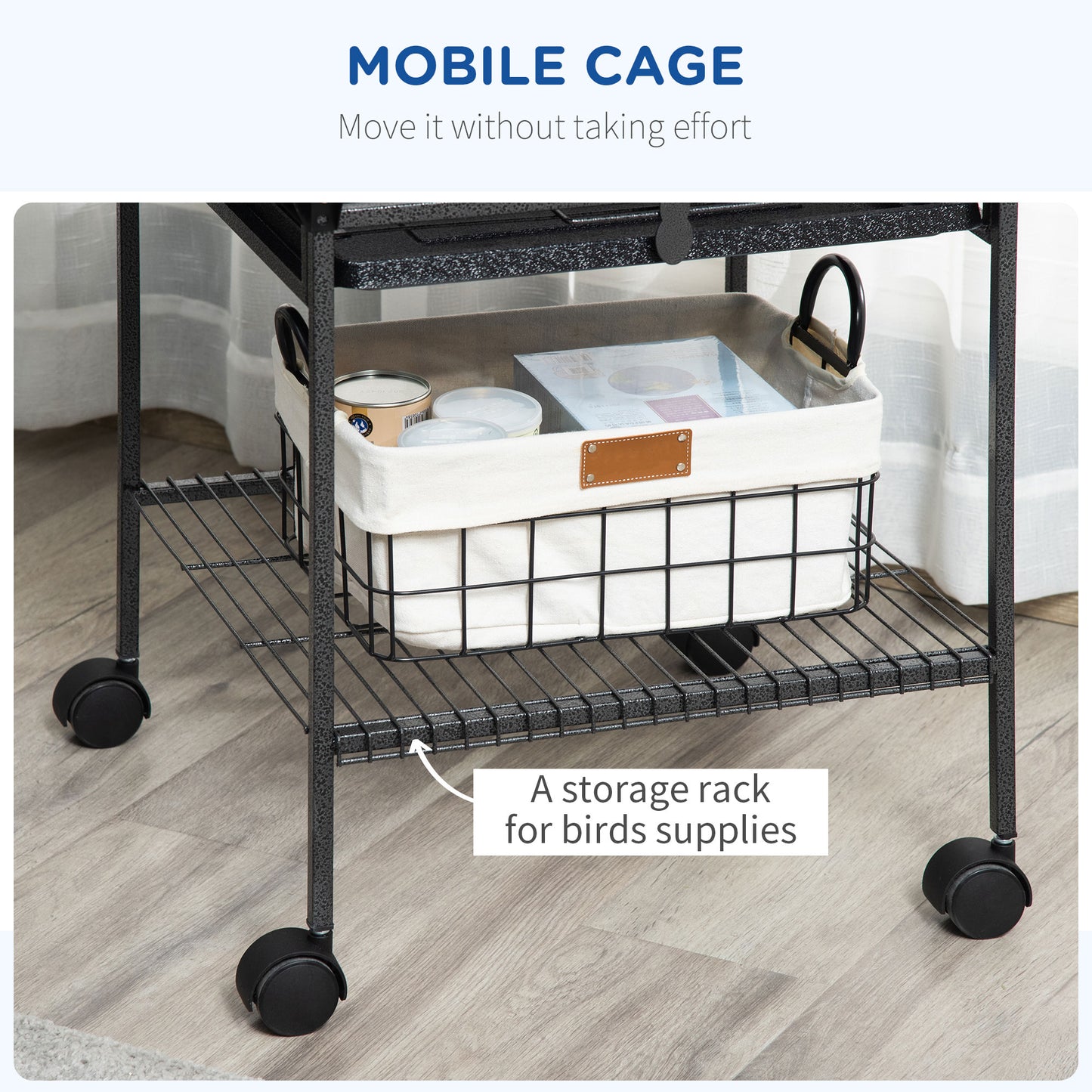 PawHut 156cm Bird Cage,Large Parrot Cage with Open Play Top, Perch, Seed Guard, Wheels, Storage Shelf, Dark Grey