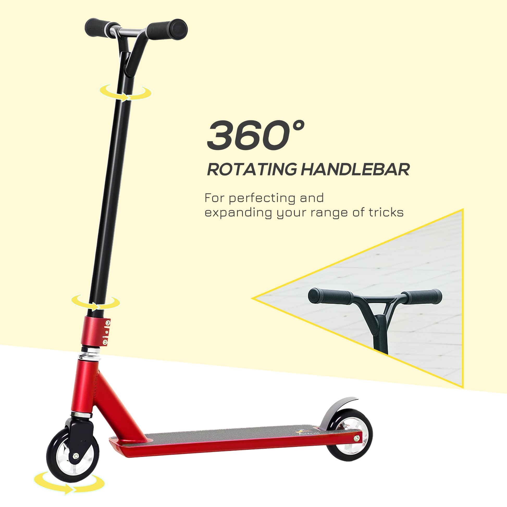 HOMCOM Stunt Scooter, 360° Entry Level Tricks Scooter w/ Lightweight Aluminium Deck and ABEC 7 Bearing, For Age 14+ Beginners, Red--ChewyGames-ChewyGames