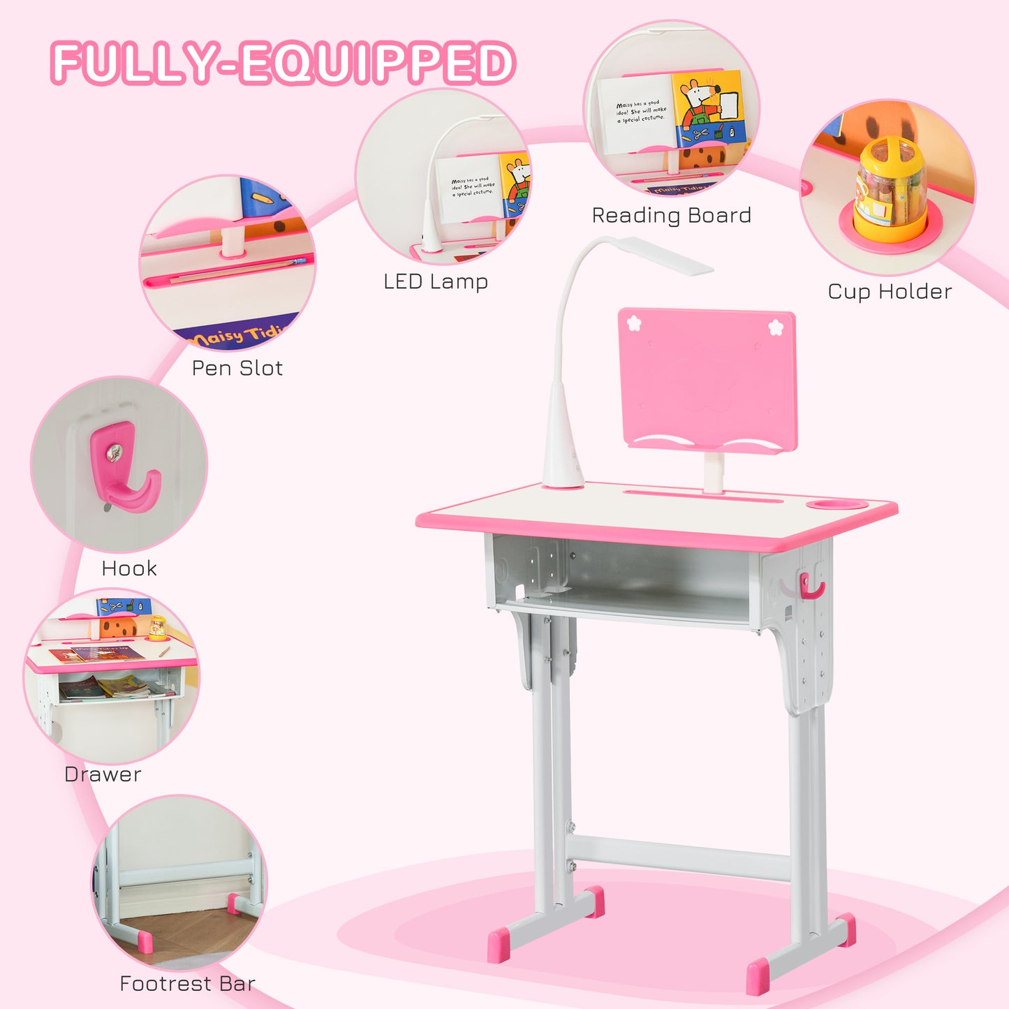 HOMCOM Kids Desk and Chair Set Adjustable Height Study Table Set with Drawer, Book Stand, Pen Slot - Pink