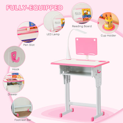 HOMCOM Kids Desk and Chair Set Adjustable Height Study Table Set with Drawer, Book Stand, Pen Slot - Pink