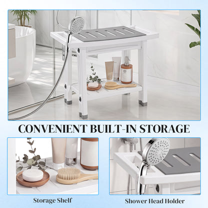 HOMCOM Shower Bench 2-Tier Shower Stool Bathroom with Shelf White and Grey