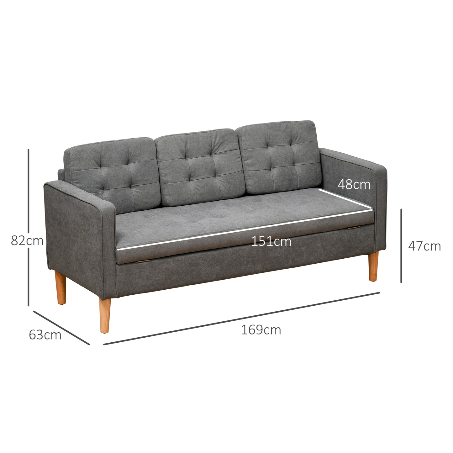 HOMCOM 3 Seater Storage Sofa, Fabric Couch with Hidden Under Seat Storage, Thick Cushions, Compact Space Saving Settee with Rubberwood Legs for Living Room, Apartment, Grey