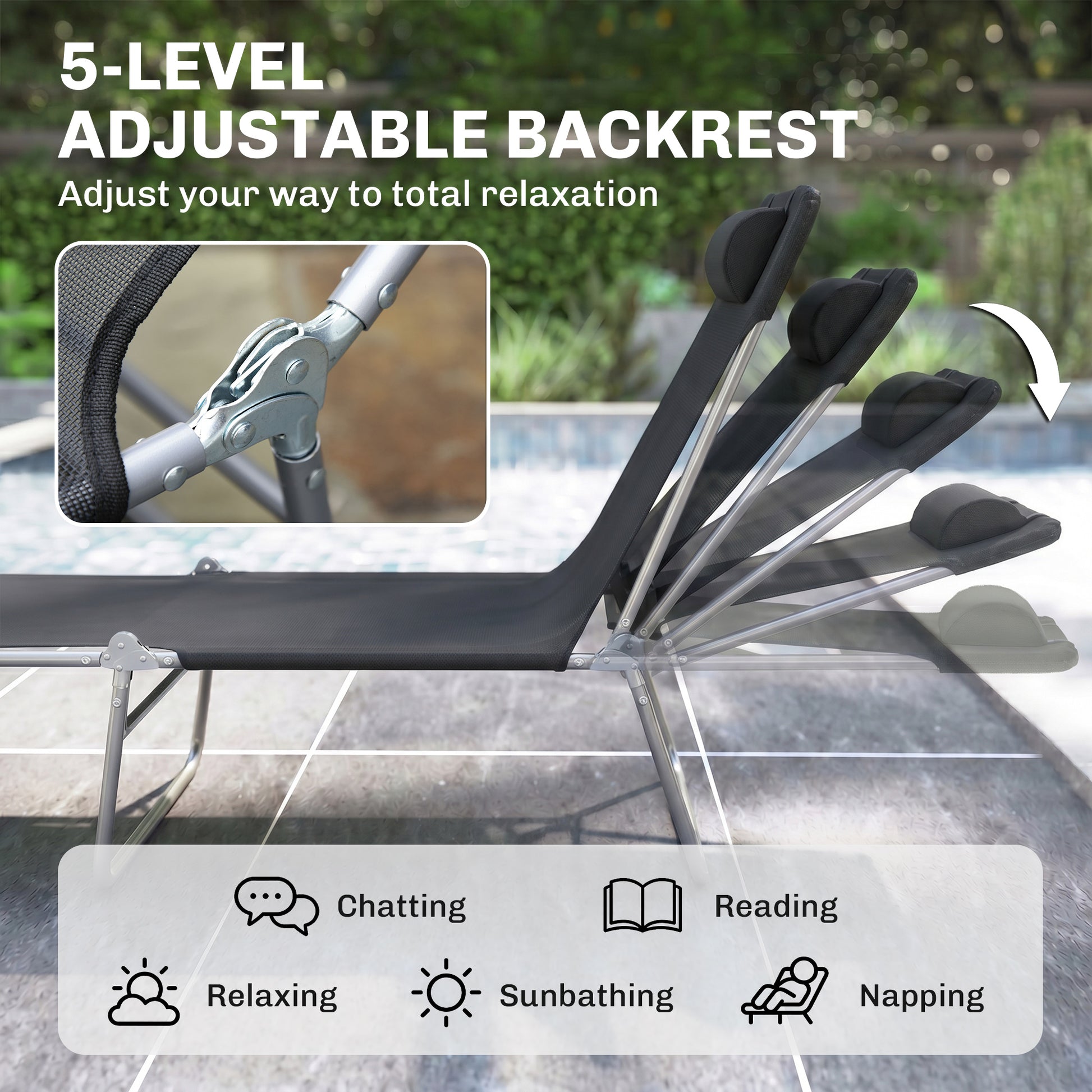 Outsunny Folding Sun Lounger, Texteline Reclining Sun Bed with 5 Position Adjustable Backrest, Headrest, Black-Sunbeds-ChewyGames-ChewyGames