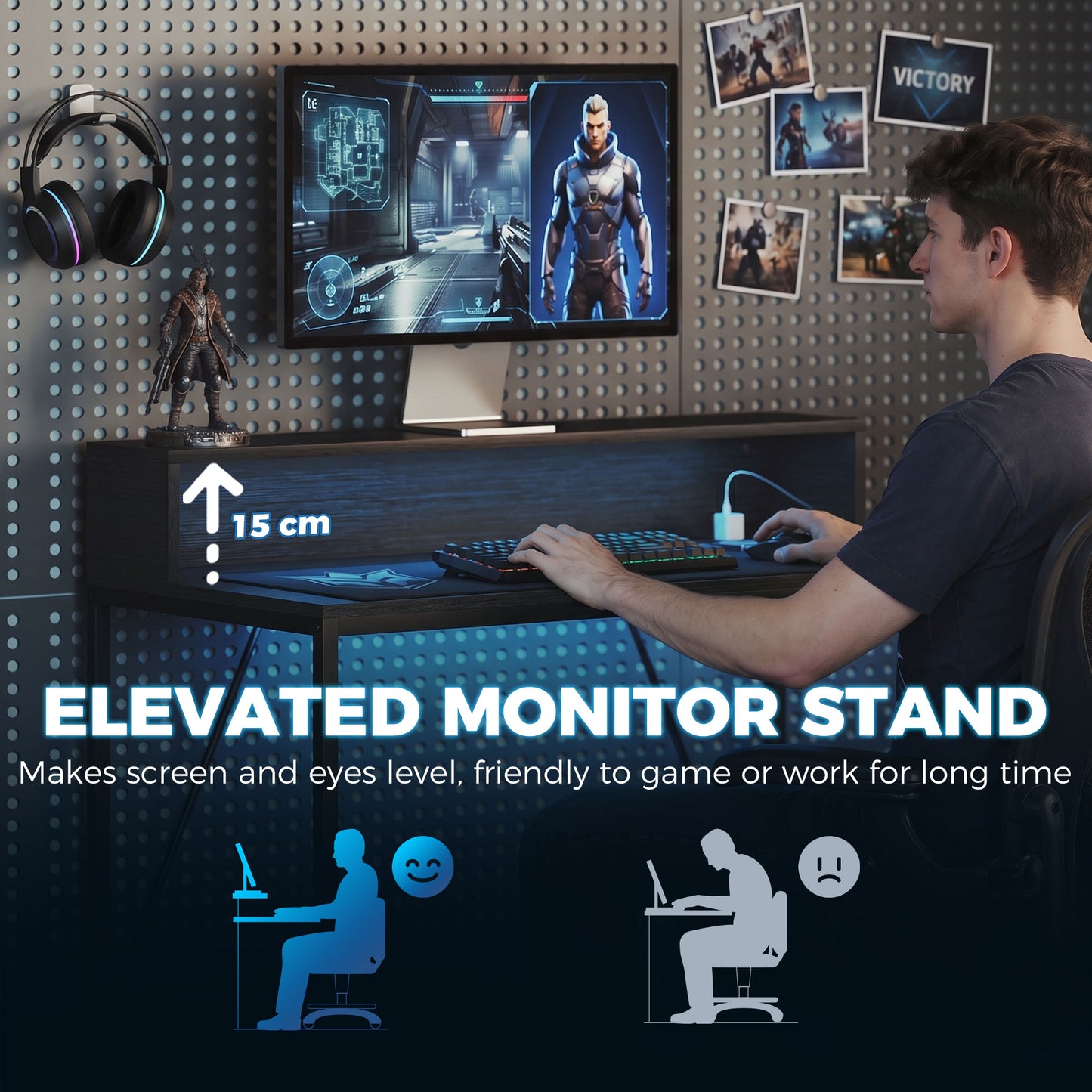 HOMCOM Gaming Desk, 100cm Computer Desk with LED Lights, Power Outlets, Monitor Stand and Remote, Black Wood-Effect