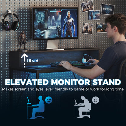 HOMCOM Gaming Desk, 100cm Computer Desk with LED Lights, Power Outlets, Monitor Stand and Remote, Black Wood-Effect