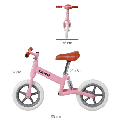 HOMCOM 12" Kids Balance Bike No Pedal Bicycle EVA Tyre Adjustable Seat Toddler Training Bike W/ Shock Absorber 2 - 5 Years Gift for Boys Girls Pink