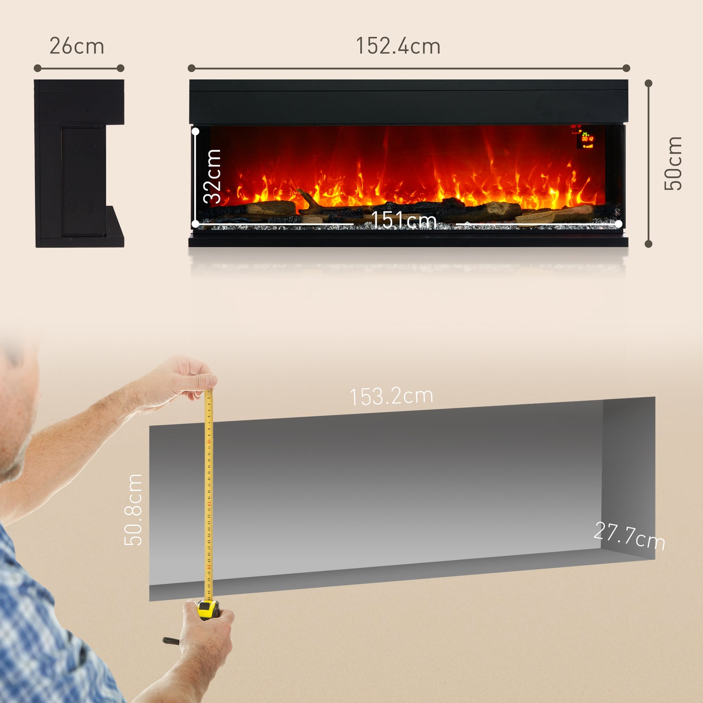 HOMCOM 1800W 15-40℃ Adjustable Flame Glass Panel Convector Heater, 152cm