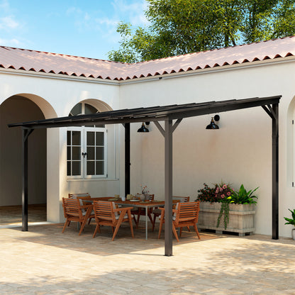 Outsunny 3 x 4.3 m Lean to Pergola with UPF 50+ Waterproof Polycarbonate Roof, Wall-Mounted or Free Standing Hardtop Roof Garden Metal Pergola Gazebo, Heavy Duty Outdoor Sun Shade, Dark Grey--ChewyGames-ChewyGames