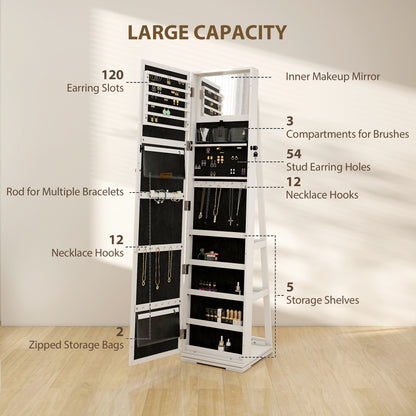 HOMCOM 360° Swivel Jewellery Cabinet, Free Standing Full Length Mirror with Storage, Lockable Jewellery Organiser with Built-in Makeup Mirror and Storage Shelves for Bedroom, White