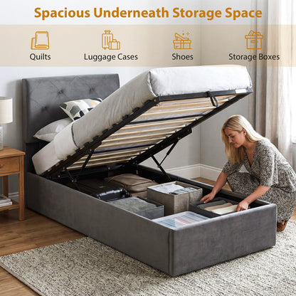 HOMCOM Single Bed Frame Gas End Lift Under Bed Storage Upholstered Platform Bed Tufted Headboard for 90 x 190 cm Mattress