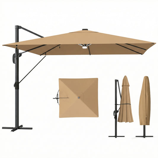 Outsunny 3 x 3 m Garden Cantilever Parasol with Light, Umbrella with Wind Protection, 360° Rotation, Khaki-Cantilever Umbrellas-ChewyGames-ChewyGames