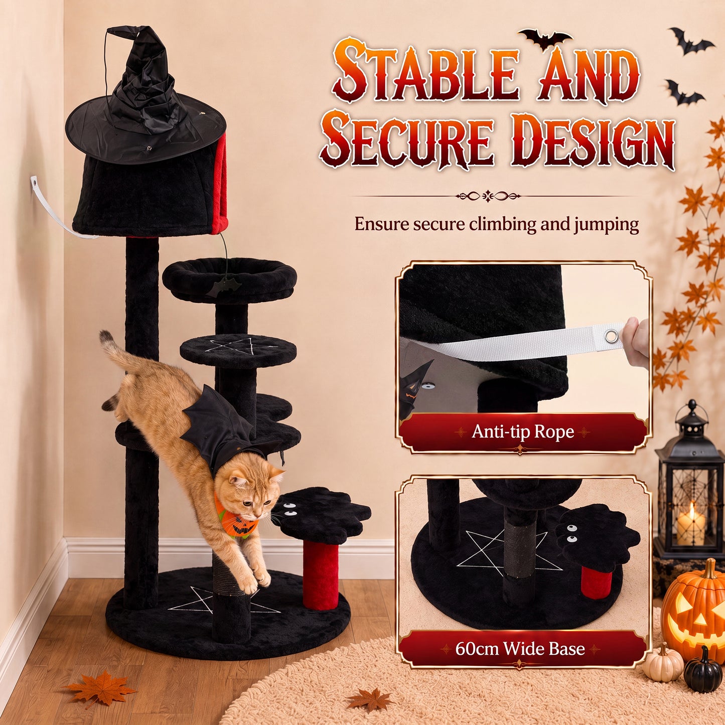 PawHut Gothic Cat Tree, 155cm Cat Tower for Indoor Kittens, Multi-Level Stable Kitten Activity Centre, Black, Halloween