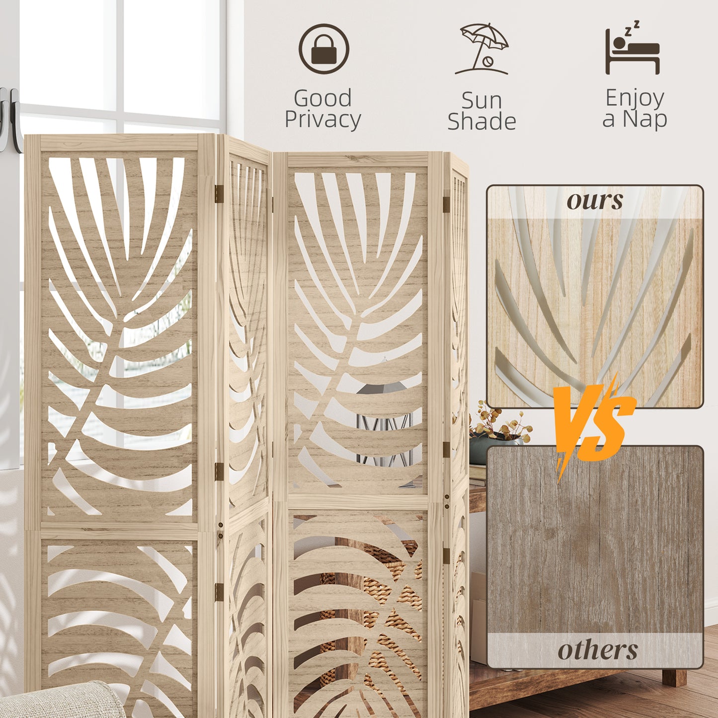 HOMCOM 4 Panel Privacy Screens, Detachable Folding Room Divider with Palm Leaf Design for Home Office, Natural Wood Finish