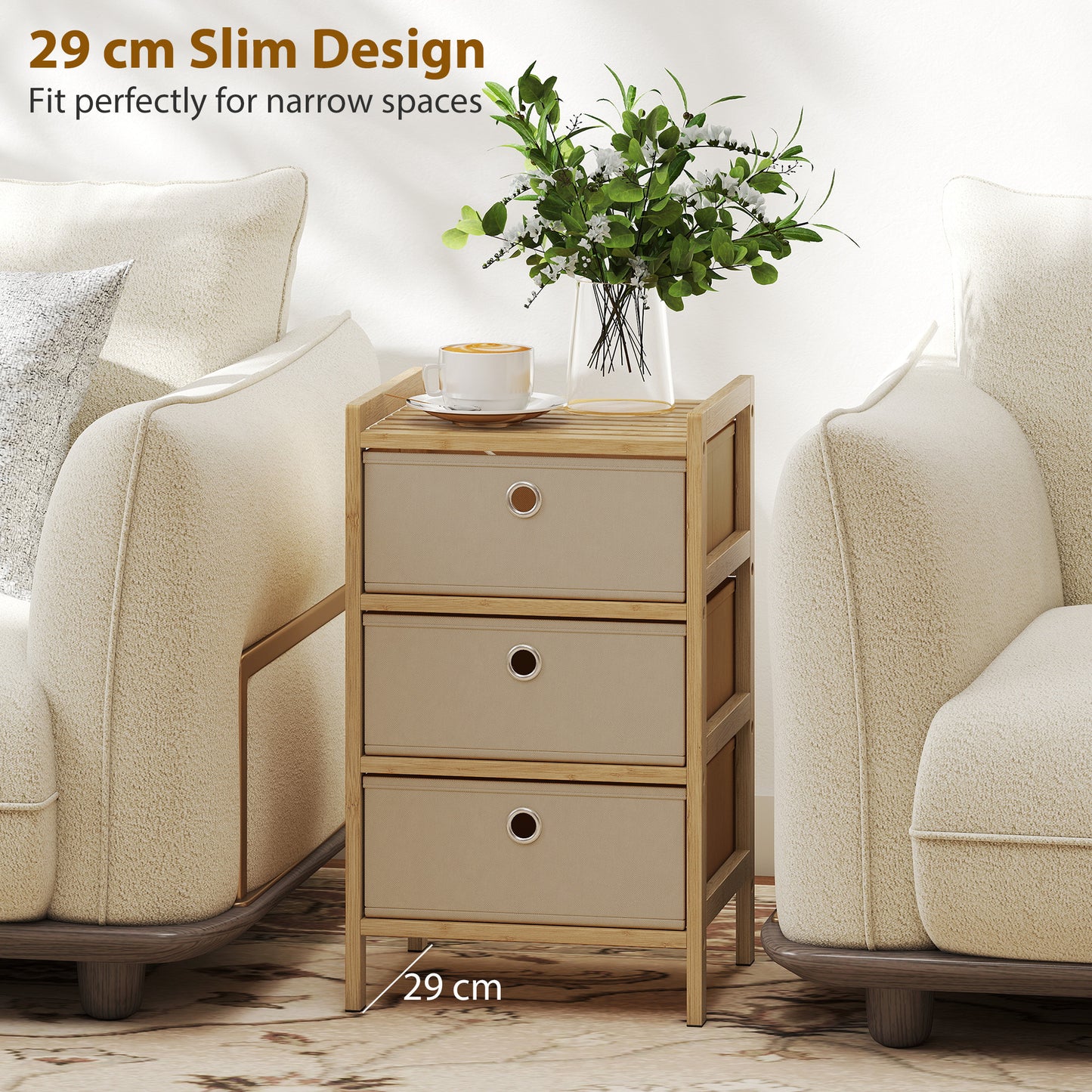 HOMCOM Chest of Drawers, 3 Fabric Drawers Narrow Dresser with Bamboo Frame, Cream White