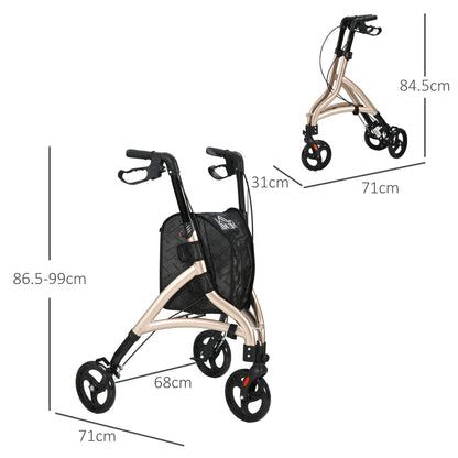HOMCOM 3 Wheel Rollator, Lightweight Aluminium Tri Walker with Adjustable Handle, Storage Bag and Dual Brakes, 5.3kg, Gold Tone