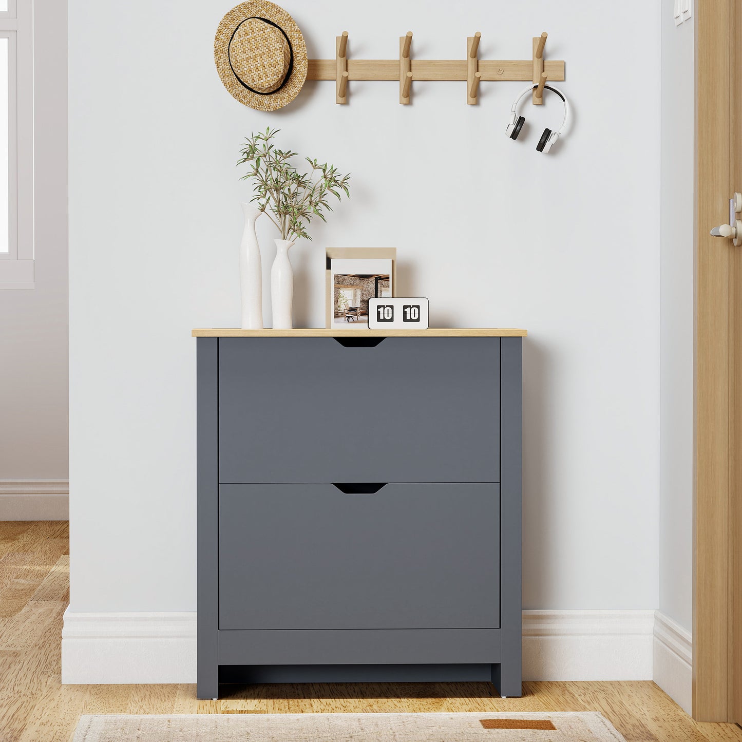 HOMCOM Slim Shoe Cabinet, Narrow Shoe Cupboard with 2 Flip Drawers, Adjustable Shelves for 12 Pairs of Shoes, Charcoal Grey--ChewyGames-ChewyGames